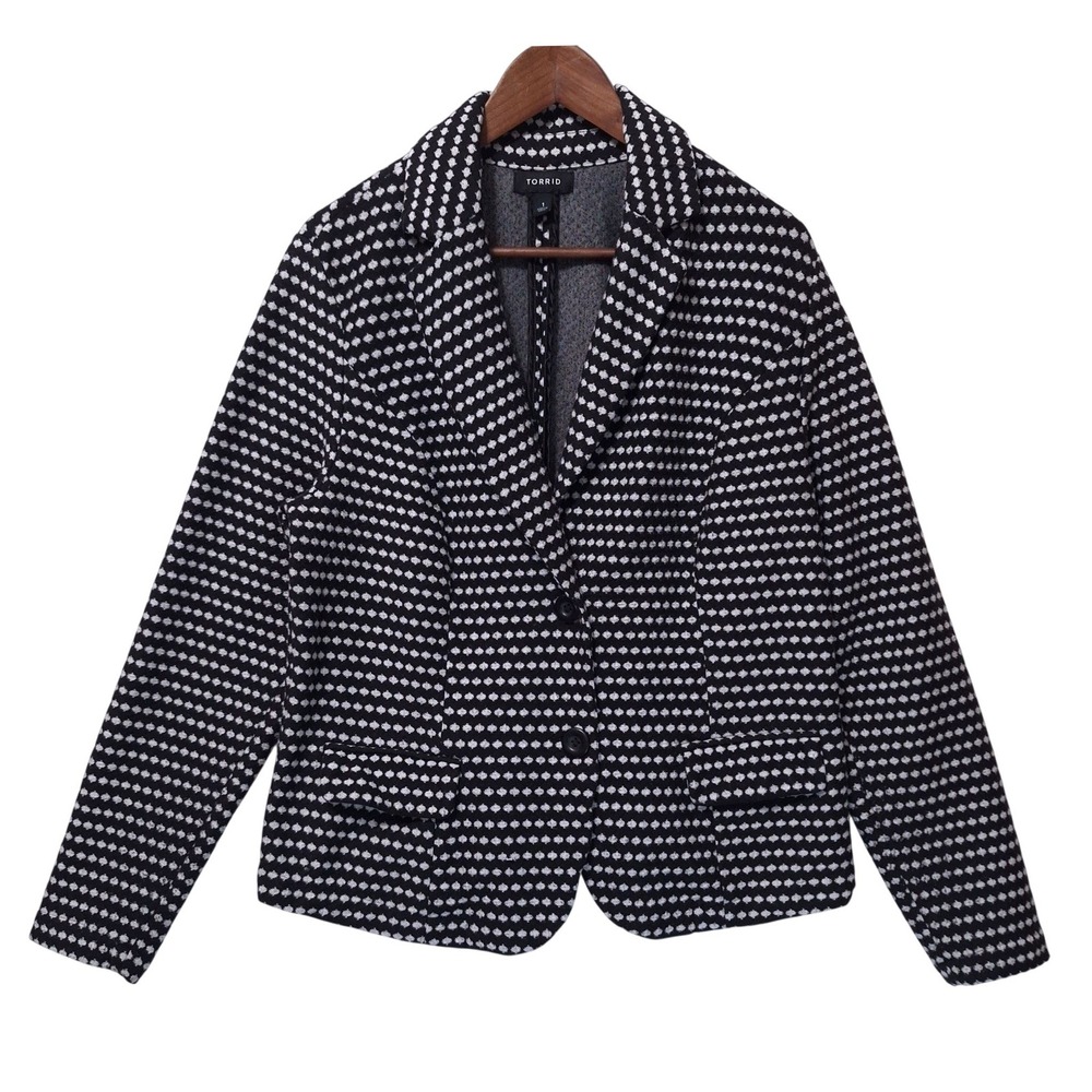 Torrid Blazer Jacket Plus Sz 1 Black White Polka Dot Textured Studio Knit Career